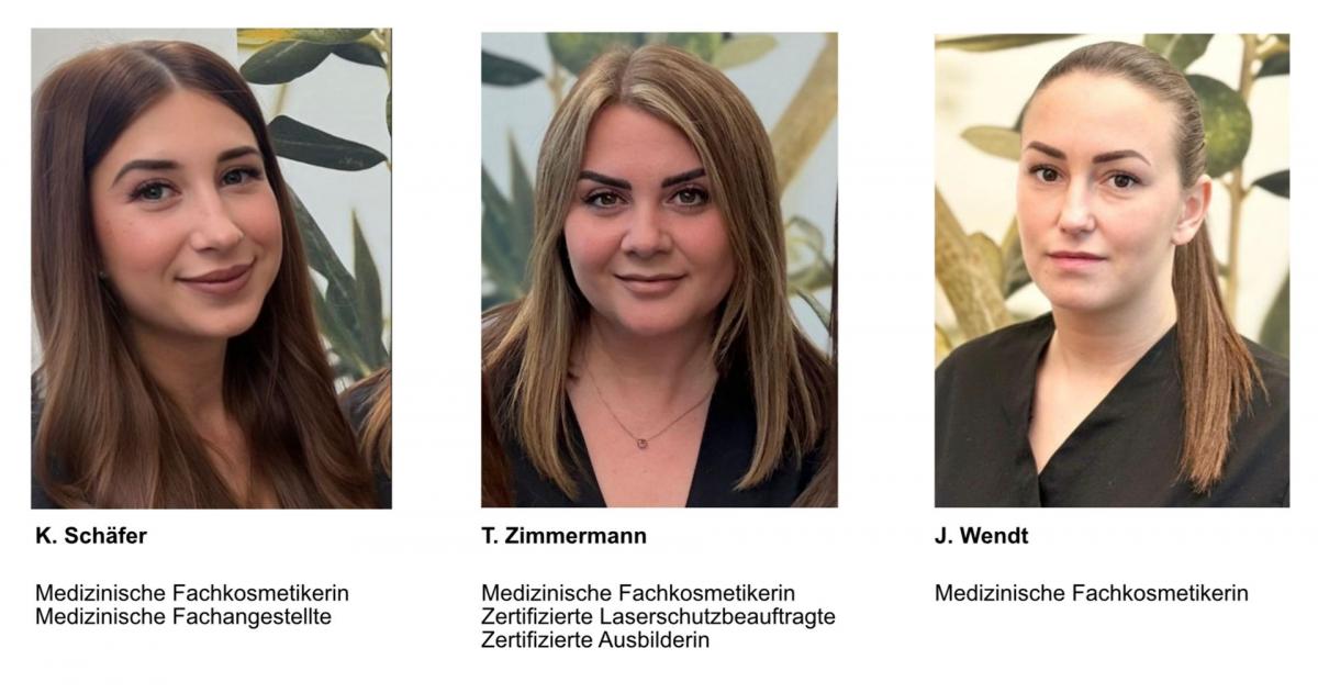 Drei professionell gekleidete Frauen posieren nebeneinander und werden mit Namen und Qualifikationen vorgestellt.